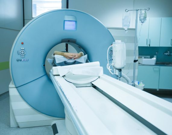 CT scanner in a hospital, patient being scanned